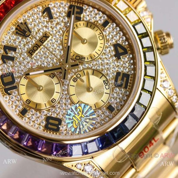 2021 NEW! Swiss Rolex Daytona JH 7750 Watch Rainbow Bezel Arabic Diamond Dial Yellow Gold 2021 NEW! Swiss Rolex Daytona JH 7750 Watch Rainbow Bezel Arabic Diamond Dial Yellow Gold