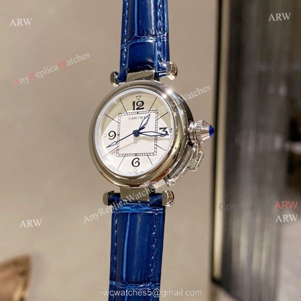 New Pasha De Cartier Watch 35mm white face blue leather strap replica New Pasha De Cartier Watch 35mm white face blue leather strap replica