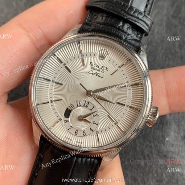 Swiss Copy Rolex Cellini Dual Time 3180 Movement Watch Silver Dial Black Leather Strap Swiss Copy Rolex Cellini Dual Time 3180 Movement Watch Silver Dial Black Leather Strap