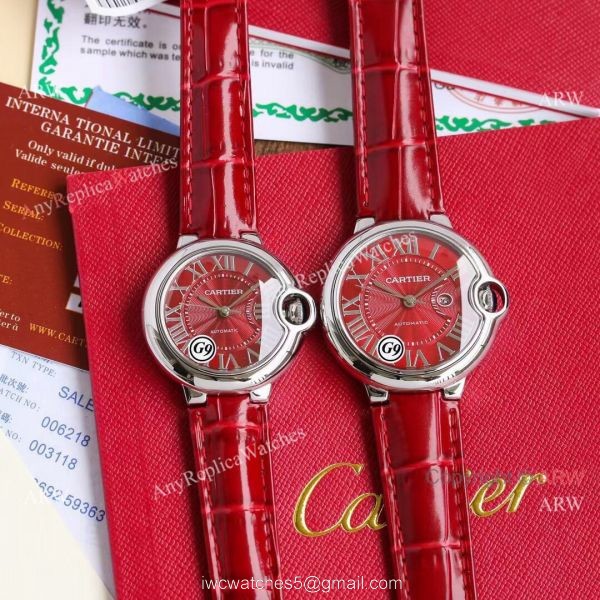 Copy Balloon Blue Cartier Red Dial Watch Polished SS Case Leather Strap Copy Balloon Blue Cartier Red Dial Watch Polished SS Case Leather Strap