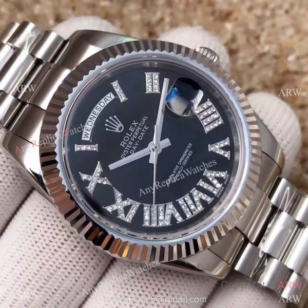 High Quality Copy Rolex Day-Date 40MM Watch MingZhu Movement SS Black Diamond Roman Face High Quality Copy Rolex Day-Date 40MM Watch MingZhu Movement SS Black Diamond Roman Face