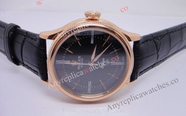 Rolex Geneve Cellini Time Watch Replica Rose Gold Black Face Black Leather Rolex Geneve Cellini Time Watch Replica Rose Gold Black Face Black Leather