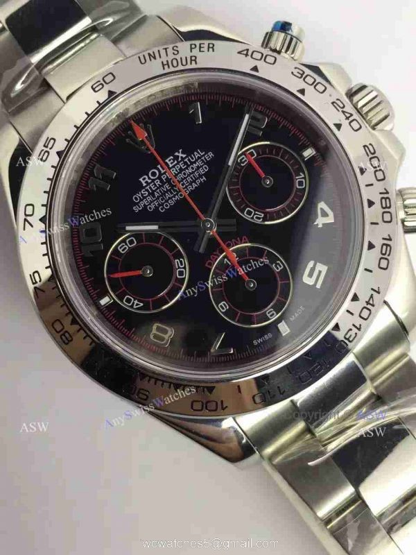 Copy Swiss Rolex Daytona Valjoux 7750 Watch SS Black Arabic Copy Swiss Rolex Daytona Valjoux 7750 Watch SS Black Arabic