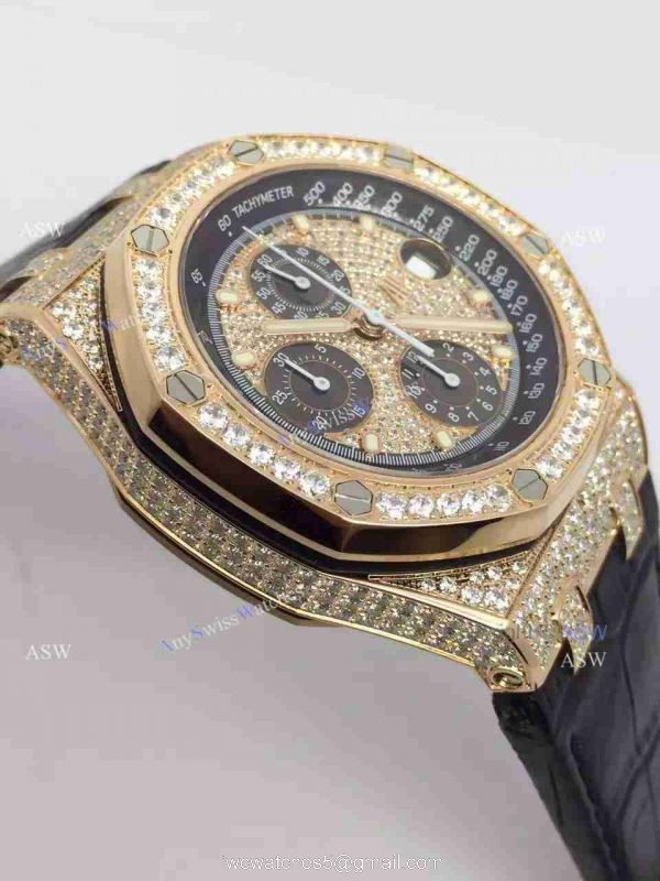Replica Audemars Piguet Watch Rose Gold Case diamond dial diamond bezel Black Leather Replica Audemars Piguet Watch Rose Gold Case diamond dial diamond bezel Black Leather