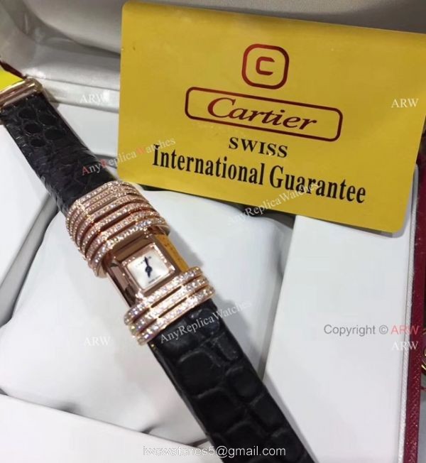 Cartier Small Silver Dial With Diamonds Replica Watches Black Leather Band Cartier Small Silver Dial With Diamonds Replica Watches Black Leather Band