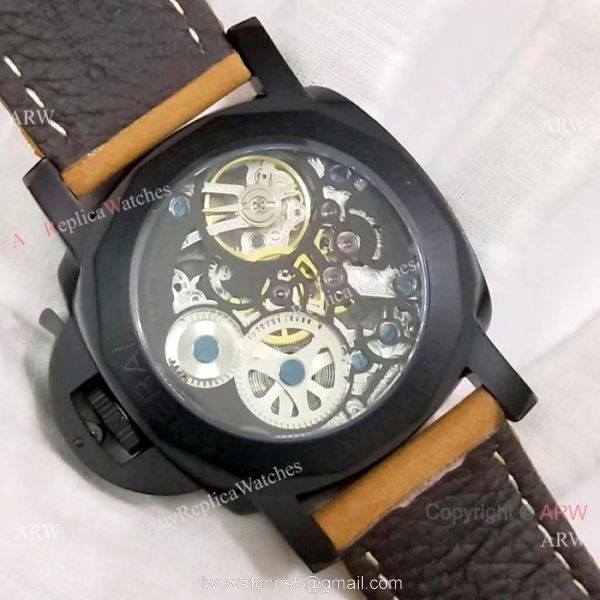 Best Quality Panerai Black Hollow Watch 47mm Brown Leather Strap Best Quality Panerai Black Hollow Watch 47mm Brown Leather Strap