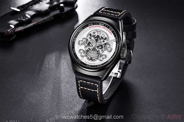 Pagani Design PVD Black Steel Watch White Skull Face Pagani Design PVD Black Steel Watch White Skull Face