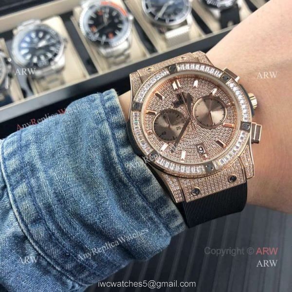 Iced Out Hublot Knock off Watches Classic Fusion SS Black Rubber Strap Iced Out Hublot Knock off Watches Classic Fusion SS Black Rubber Strap