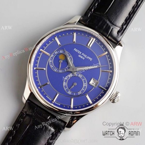 Swiss Grade 1 Patek Philippe Moonphase Replica Wristwatch Blue Dial Black Leather Strap Swiss Grade 1 Patek Philippe Moonphase Replica Wristwatch Blue Dial Black Leather Strap