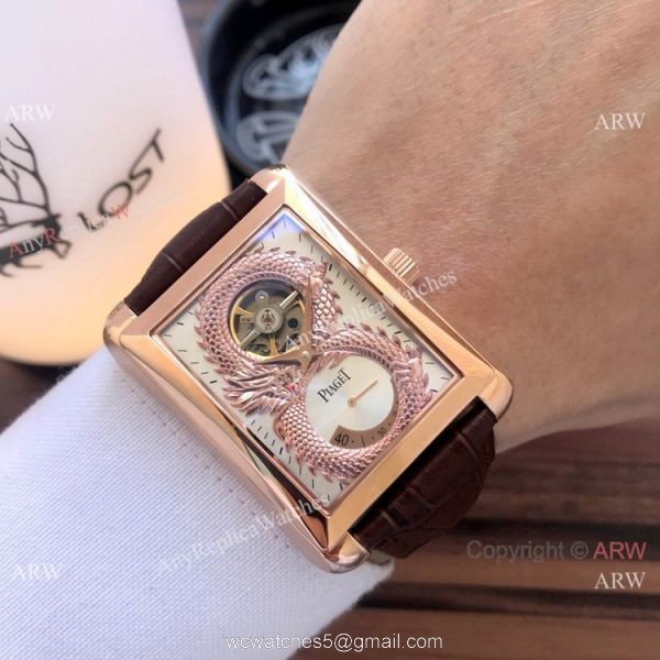 2019 Copy Piaget Black Tie Dragon watches Gold Case Brown Strap 2019 Copy Piaget Black Tie Dragon watches Gold Case Brown Strap