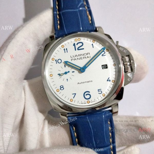 Copy Panerai Luminor Due PAM906 42mm Watch SS Blue Leather Strap Copy Panerai Luminor Due PAM906 42mm Watch SS Blue Leather Strap