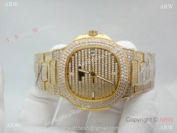 Swiss Replica Patek Philippe Nautilus Jumbo Gold Iced Out Watch 39.5mm Swiss Replica Patek Philippe Nautilus Jumbo Gold Iced Out Watch 39.5mm
