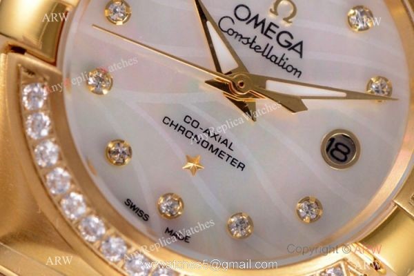 Swiss Replica Omega Constellation 27mm Watch Yellow Gold Pink MOP Dial Swiss Replica Omega Constellation 27mm Watch Yellow Gold Pink MOP Dial