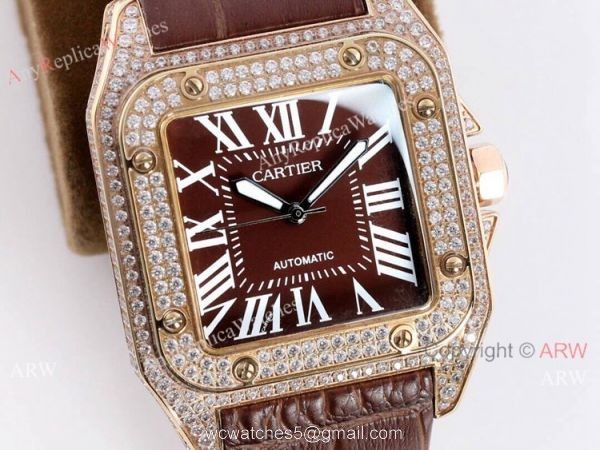 High Quality Cartier Santos De Diamond Case Brown Dial Wrist Automatic High Quality Cartier Santos De Diamond Case Brown Dial Wrist Automatic