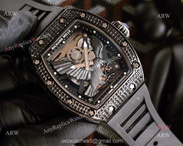 Limited Richard Mille Eagle Copy Watch With Silver Diamonds Black Rubber Band For Men Limited Richard Mille Eagle Copy Watch With Silver Diamonds Black Rubber Band For Men