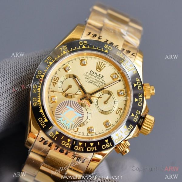 Swiss Quality Replica Rolex Daytona Watch 40mm Gold Diamond Dial Black Ceramic Bezel Swiss Quality Replica Rolex Daytona Watch 40mm Gold Diamond Dial Black Ceramic Bezel