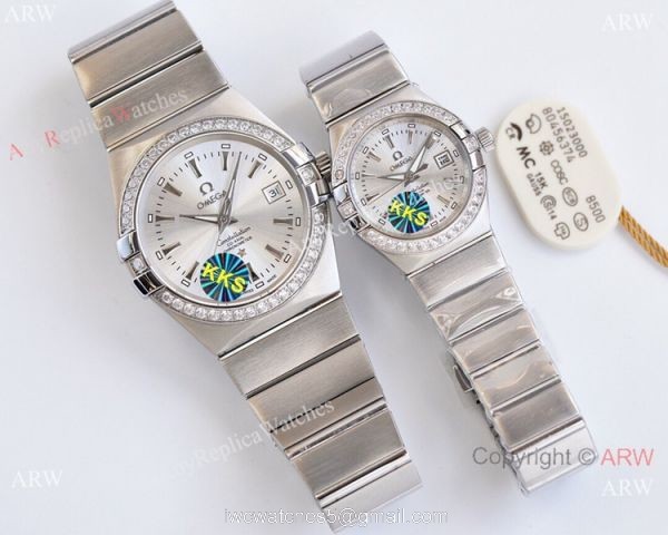 Swiss Quality Clone Omega Double Eagle Couple Watches Silver Dial Diamond Bezel 38mm and 27mm Swiss Quality Clone Omega Double Eagle Couple Watches Silver Dial Diamond Bezel 38mm and 27mm