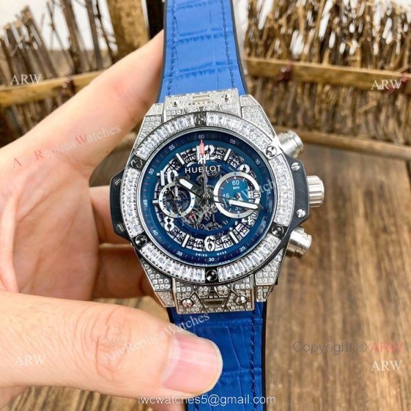Best Quality Hublot Big Bang Unico Sapphire Iced Out Watches Blue Rubber Strap Best Quality Hublot Big Bang Unico Sapphire Iced Out Watches Blue Rubber Strap