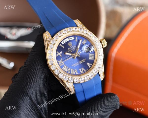 Knock-off Rolex Day-Date 40MM Blue Face Diamond Case Rubber Strap Watch Knock-off Rolex Day-Date 40MM Blue Face Diamond Case Rubber Strap Watch