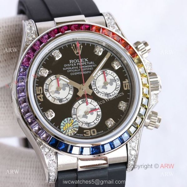 Swiss Replica Rolex Rainbow Daytona Black Face With Diamonds Oysterflex Strap Watch Swiss Replica Rolex Rainbow Daytona Black Face With Diamonds Oysterflex Strap Watch