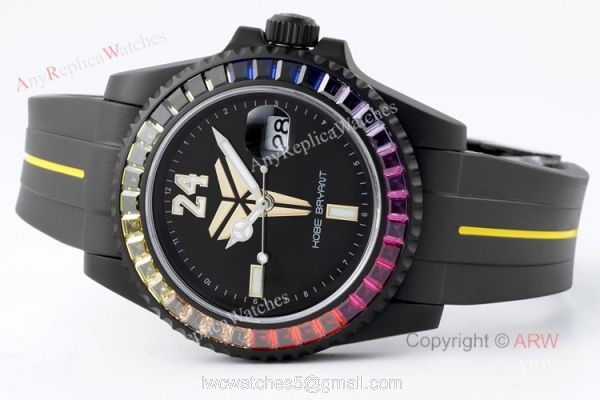 Swiss Replica Blaken Rolex Kobe Watch With Rainbow Diamond Bezel Rubber Strap Watch Swiss Replica Blaken Rolex Kobe Watch With Rainbow Diamond Bezel Rubber Strap Watch