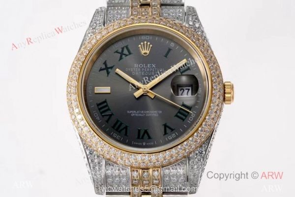 TW Factory Swiss Rolex Iced Out Datejust Watch Two Tone Grey Dial 41mm TW Factory Swiss Rolex Iced Out Datejust Watch Two Tone Grey Dial 41mm