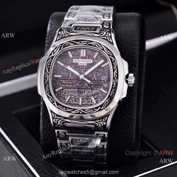 Clone Patek Philippe Nautilus Silver Tattoo Wrist Purple Dial 40mm Clone Patek Philippe Nautilus Silver Tattoo Wrist Purple Dial 40mm