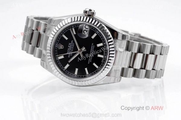Swiss Clone Rolex Datejust Presidential 31mm Watch Stainless Steel Black Face Swiss Clone Rolex Datejust Presidential 31mm Watch Stainless Steel Black Face