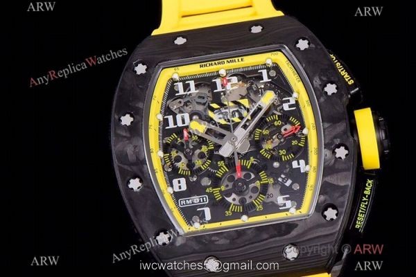 KV Factory Richard Mille RM-011 Yellow Storm Flyback Chronograph Watch Carbon NTPT Yellow Rubber Strap KV Factory Richard Mille RM-011 Yellow Storm Flyback Chronograph Watch Carbon NTPT Yellow Rubber Strap