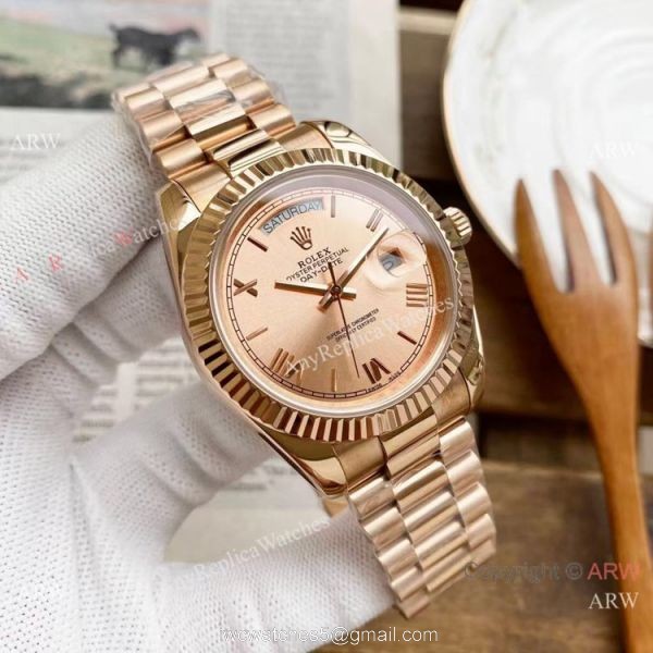 Copy Rolex Day Date 40mm Watches Black Dial Rose Gold Presidential Strap Copy Rolex Day Date 40mm Watches Black Dial Rose Gold Presidential Strap