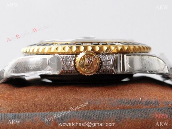 (ROF) Super Clone Rolex GMT-master II Diamonds Watch Two Tone Black Dial Custom Made (ROF) Super Clone Rolex GMT-master II Diamonds Watch Two Tone Black Dial Custom Made