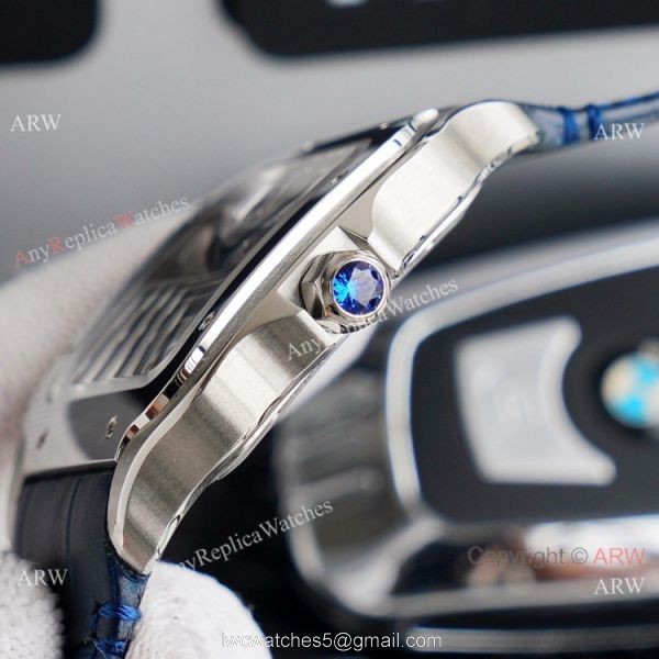 (TW ) Best Skeleton Santos De Cartier Stainless Steel Copy Watch With Blue Leather Band (TW ) Best Skeleton Santos De Cartier Stainless Steel Copy Watch With Blue Leather Band