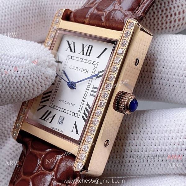 High Quality Replica Rose Gold Cartier Tank Automatic Watch With Diamond Bezel High Quality Replica Rose Gold Cartier Tank Automatic Watch With Diamond Bezel