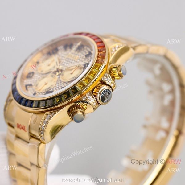 2021 NEW! Swiss Rolex Daytona JH 7750 Watch Rainbow Bezel Arabic Diamond Dial Yellow Gold 2021 NEW! Swiss Rolex Daytona JH 7750 Watch Rainbow Bezel Arabic Diamond Dial Yellow Gold