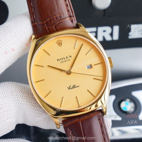 Yellow Gold Rolex Cellini Black Dial Brown Leather Strap Replica Watch Yellow Gold Rolex Cellini Black Dial Brown Leather Strap Replica Watch