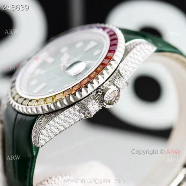 New Rolex Rainbow Submariner Green Dial Green Leather Strap High Copy Swiss Made New Rolex Rainbow Submariner Green Dial Green Leather Strap High Copy Swiss Made