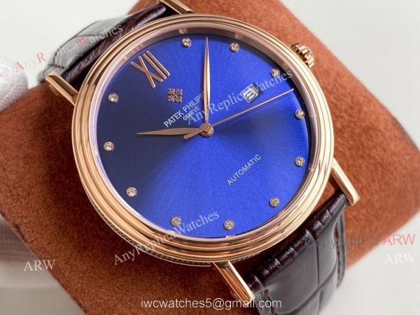 Swiss Replica Patek Philippe Calatrava Classic Watch Blue Face Brown Leather Strap For Men Swiss Replica Patek Philippe Calatrava Classic Watch Blue Face Brown Leather Strap For Men