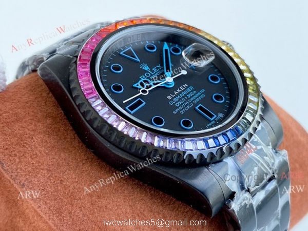 All Black Rolex Blaken Submariner Rainbow Diamond Bezel Blue Markers Swiss Grade Replica Watch All Black Rolex Blaken Submariner Rainbow Diamond Bezel Blue Markers Swiss Grade Replica Watch