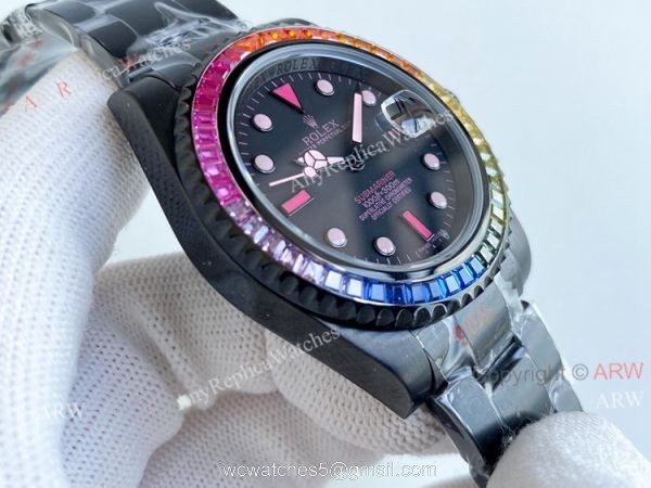 Replica Blaken Rolex Submariner Pink Markers Watch 40mm Rainbow Diamond Bezel Swiss Made Replica Blaken Rolex Submariner Pink Markers Watch 40mm Rainbow Diamond Bezel Swiss Made