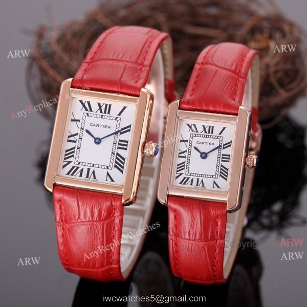Rose Gold Cartier Tank Couple Watch White Face Brown Leather Strap High Quality Replica Rose Gold Cartier Tank Couple Watch White Face Brown Leather Strap High Quality Replica
