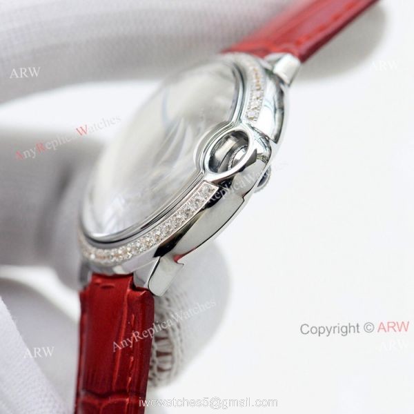 Swiss Quality 36mm Cartier Ballon Bleu Ladies Replica Watch With Diamond Bezel Brown Leather Strap Swiss Quality 36mm Cartier Ballon Bleu Ladies Replica Watch With Diamond Bezel Brown Leather Strap