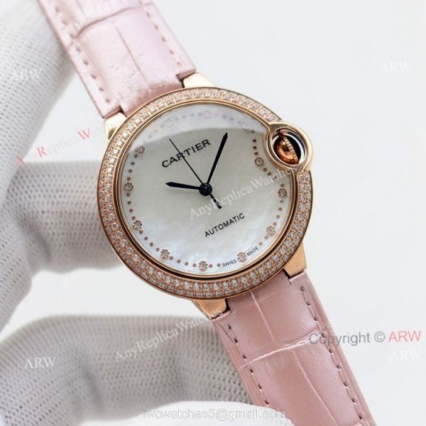 Swiss Quality Replica Cartier Ballon Bleu 36mm Rose Gold Diamond Bezel White Mop Dial Automatic Watch Swiss Quality Replica Cartier Ballon Bleu 36mm Rose Gold Diamond Bezel White Mop Dial Automatic Watch