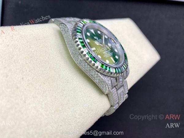 Swiss Replica Rolex Iced Out Submariner Watch 904L Stainless Steel Green Diamond Bezel Swiss Replica Rolex Iced Out Submariner Watch 904L Stainless Steel Green Diamond Bezel