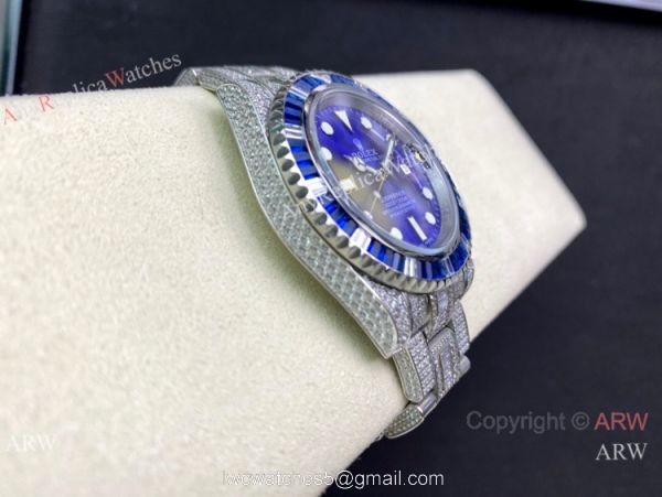 Swiss Copy Iced Out Rolex Submariner Watch 904L Stainless Steel Bright Blue Dial Swiss Copy Iced Out Rolex Submariner Watch 904L Stainless Steel Bright Blue Dial
