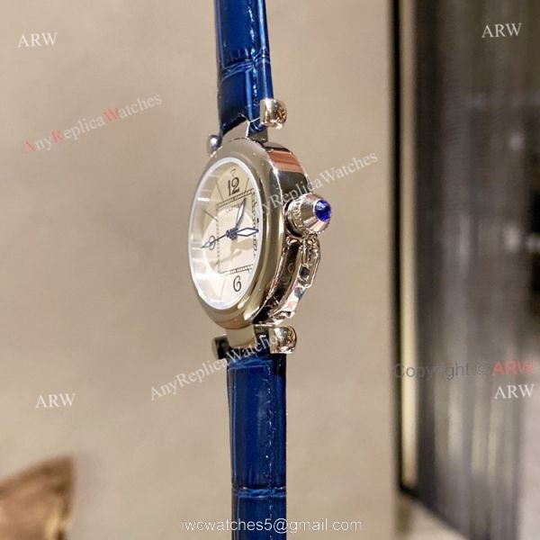 New Pasha De Cartier Watch 35mm white face blue leather strap replica New Pasha De Cartier Watch 35mm white face blue leather strap replica