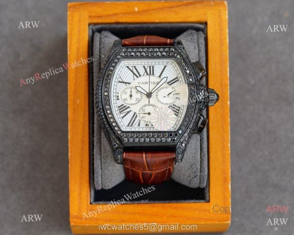 Iced Out Cartier Roadster All Black Watches Leather Strap Iced Out Cartier Roadster All Black Watches Leather Strap