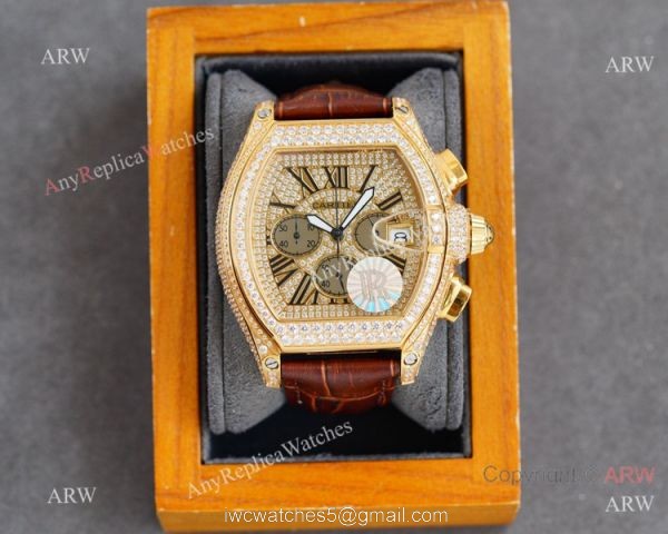 Iced Out Cartier Roadster Chronograph Watches Yellow Gold Case Iced Out Cartier Roadster Chronograph Watches Yellow Gold Case