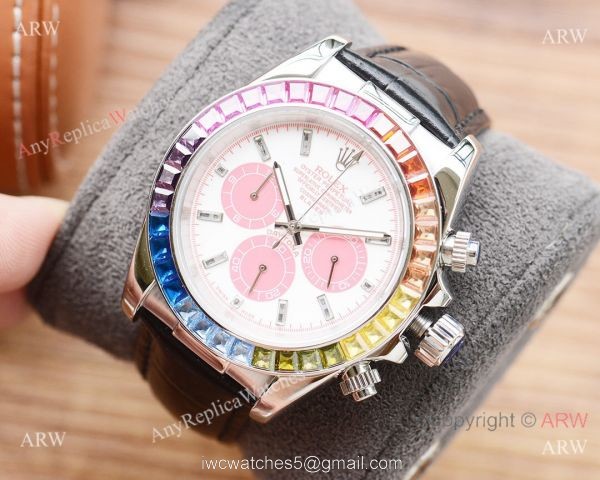 Fake Rolex Daytona Rainbow Watch Leather Band White Dial Japan-quartz Fake Rolex Daytona Rainbow Watch Leather Band White Dial Japan-quartz
