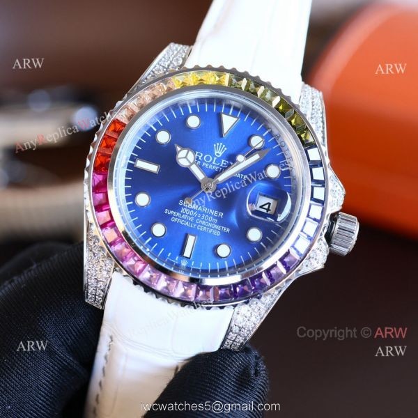 Fake Rolex Submariner Rainbow Bezel Black Dial leather Strap Watch Fake Rolex Submariner Rainbow Bezel Black Dial leather Strap Watch