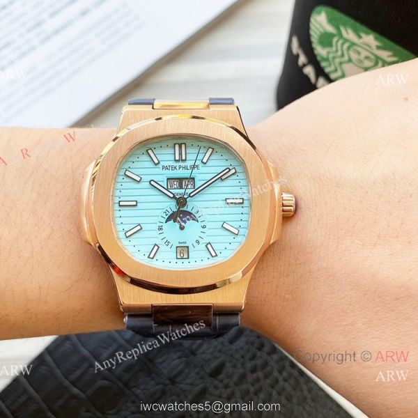 New Clone Patek Philippe Nautilus Annual Calendar watch Baby-Blue Face Rose Gold 42mm New Clone Patek Philippe Nautilus Annual Calendar watch Baby-Blue Face Rose Gold 42mm